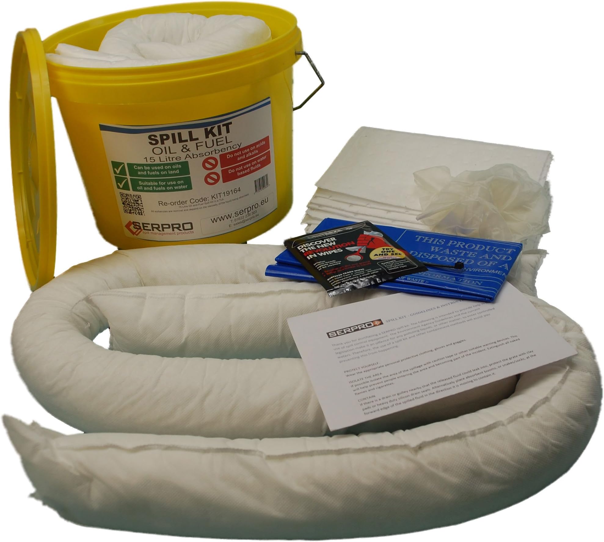 15 Litre Oil and Fuel Spill Kit in a Durable Plastic Tub (Complete Kit) - Complete Emergency Spill Response Kit for Efficient Containment and Cleanup
