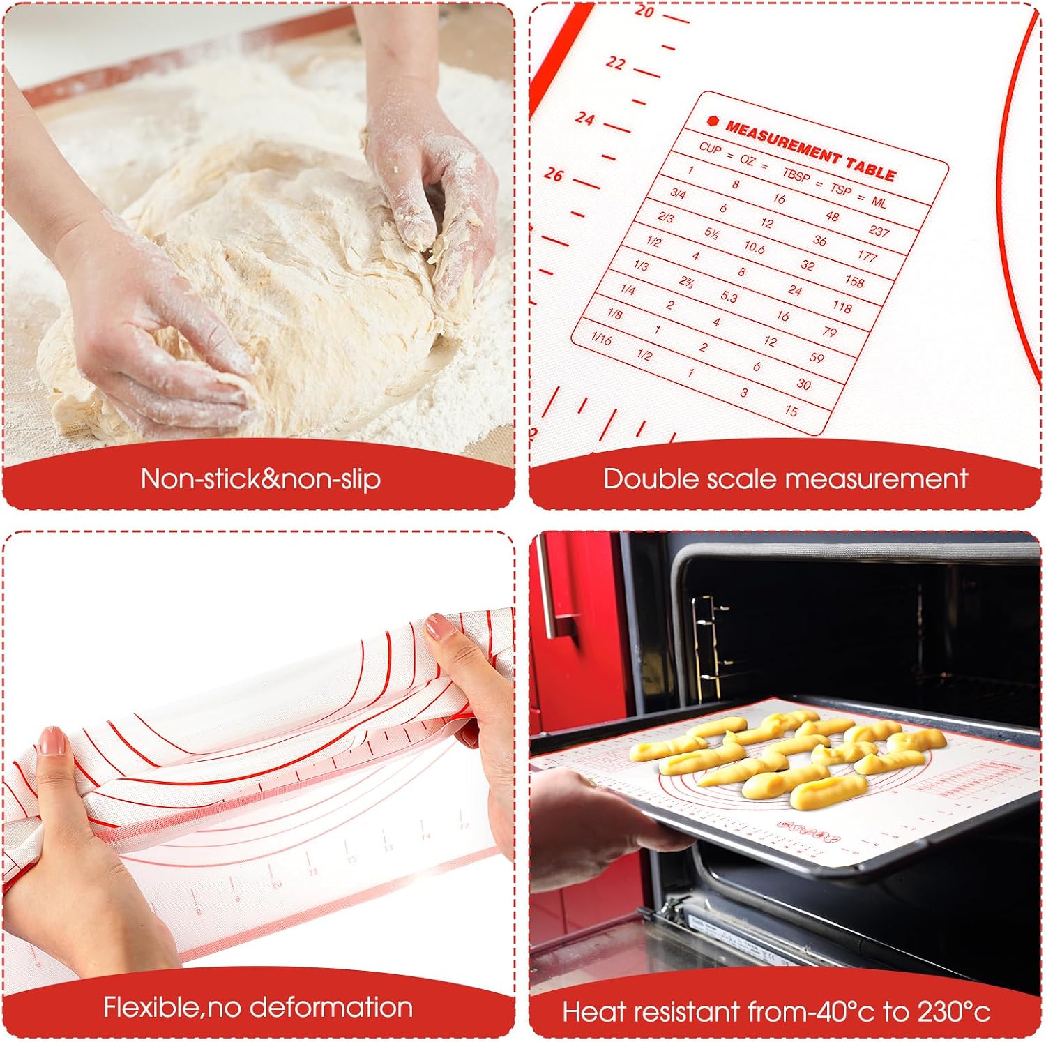 Dandat Rolling Pin with Adjustable Thickness Rings and Silicone Baking Pastry Mat Biscuit Cutter Bench Scraper Stainless Steel Dough Roller Rolling Pins for Baking Cookies Pie Pasta Pastries(Red)