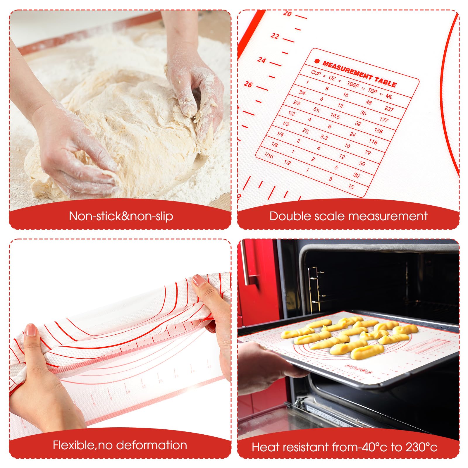 Dandat Lot de 9 tapis de cuisson en silicone avec mesures - Rouleau à pâtisserie en silicone avec anneaux d'épaisseur - Grattoir à pâte rond en acier inoxydable - Emporte-pièce pour tarte, biscuits,