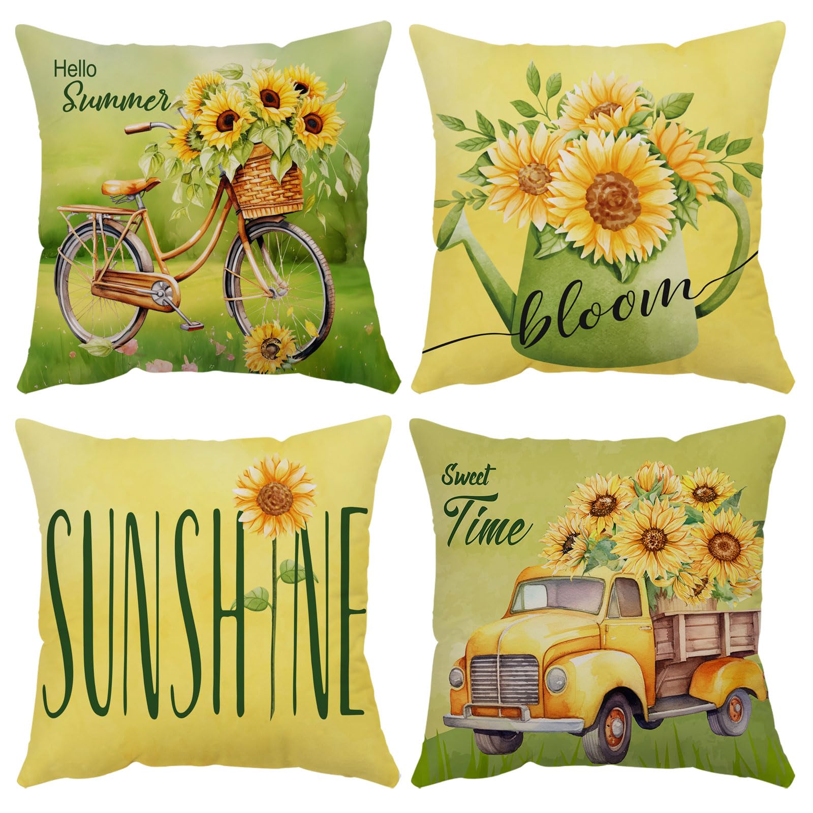 Sunflower Pillow Covers 18x18 Set of 4 Soft Velvet Summer Throw Pillow Covers Yellow Flower Pillow Covers Cushion Covers Square Pillow Cases for Couch