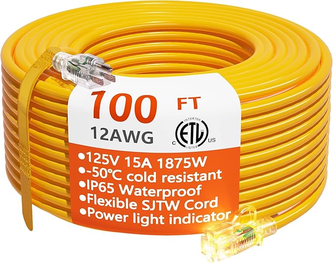12/3 Gauge Heavy Duty Outdoor Extension Cord 100 ft Waterproof with Lighted end, Flexible Cold-Resistant 3 Prong Electric Cord Outside, 15Amp 1875W 12AWG SJTW, Yellow, ETL HUANCHAIN