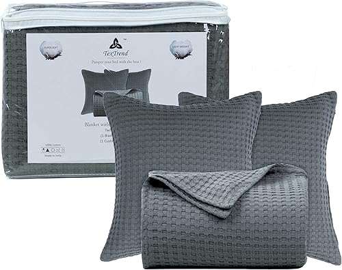 Miniatura 8 de Tex Trend Manta de cama tamaño King 100% algodón, tejido de gofre, ligera, transpirable, color gris, 108 x 90 pulgadas