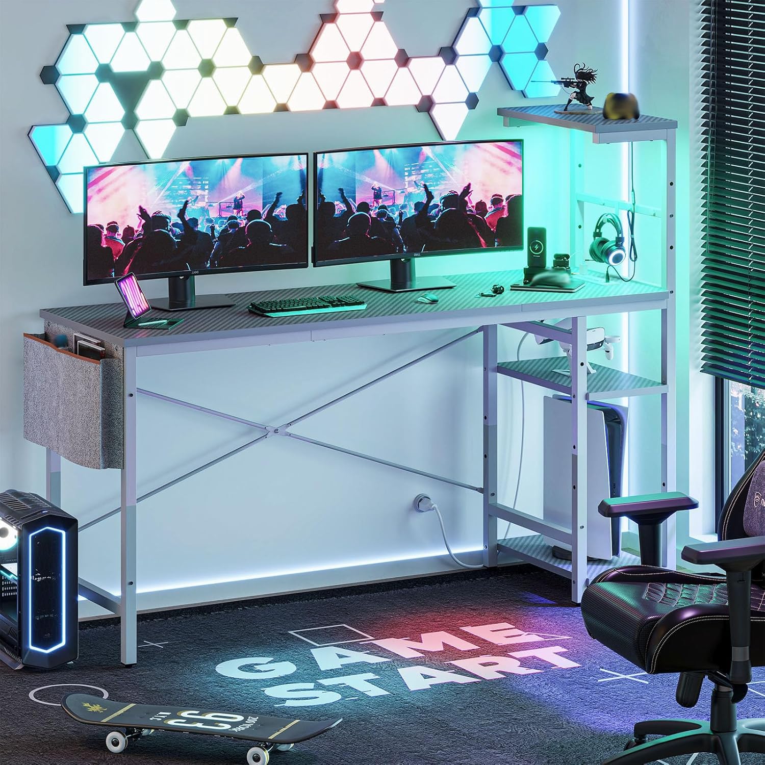 Bestier Gaming Desk with Power Outlets, 61 Inch Large Led Gamer Desk with 4 Tiers Reversible Shelves, PC Gaming Table with Headset Hook & Side Storage Bag for Bedroom (Grey 3D Carbon Fiber) 61 Inch with Power Outlets Grey 3d Carbon Fiber