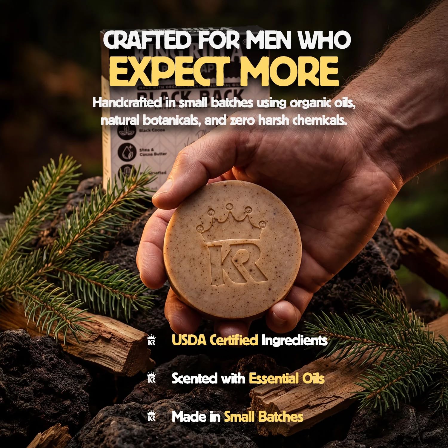 King Rilla Natural Cold Process Soap Bars – 3-Pack Handcrafted Certified Organic Soaps for Men – Moisturizing, Detoxifying & Eco-Friendly Skincare Set (03 Pack BLACK BACK SOAP BAR)