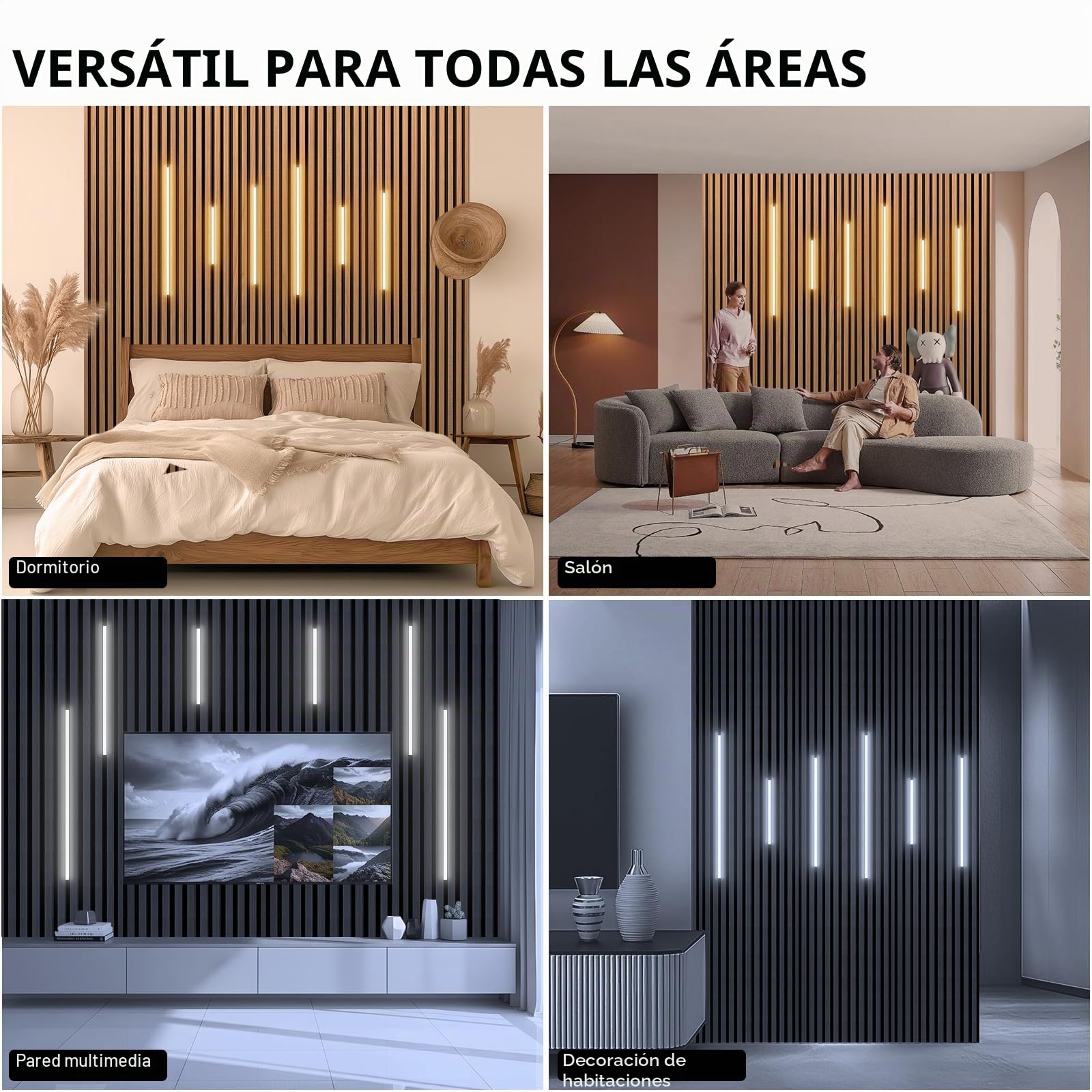 SHUNLEE LED para panel acústico madera, 6 paquetes 2700K-6500K blanco cálido a blanco frío gradable cinta led compatible Alexa, App y control remoto cinta led panel de madera (40 * 2+60 * 2+90 * 2cm)