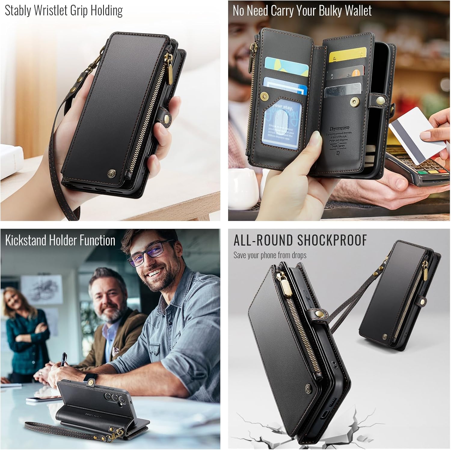 Defencase for Galaxy S25 Case Wallet with RFID Blocking Card Holder for Women Men, Elegant PU Leather Magnetic Snap Flip Wristlet Strap Zipper Wallet Phone Cases for Samsung Galaxy S25 5G 6.2", Black