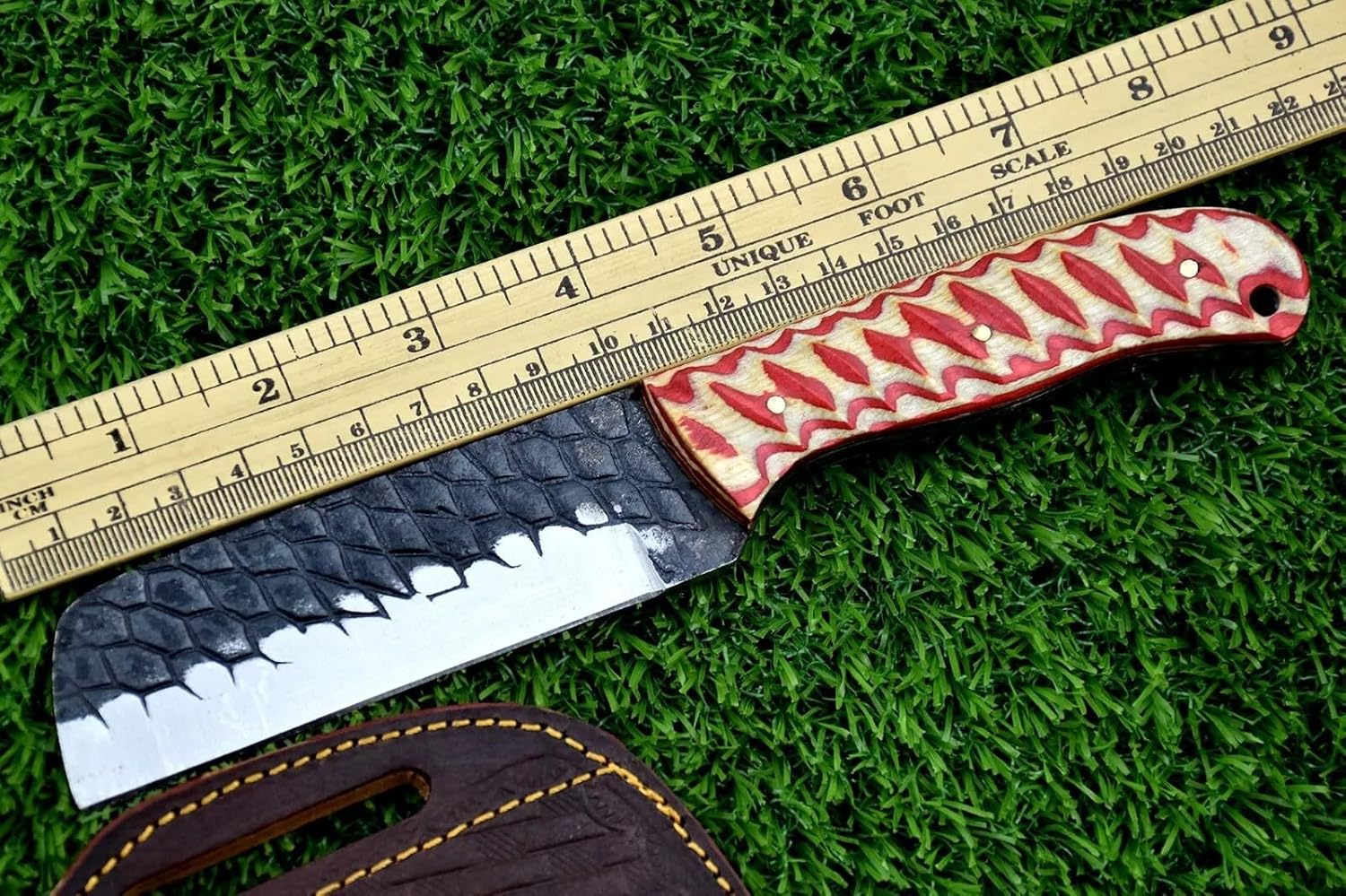 8.5 inches long tanto blade bull cutter knife, Hand forged Carbon steel blade with embossing, custom made jigged Micarta Multi color Red and Black color scale, Leather sheath with belt loops