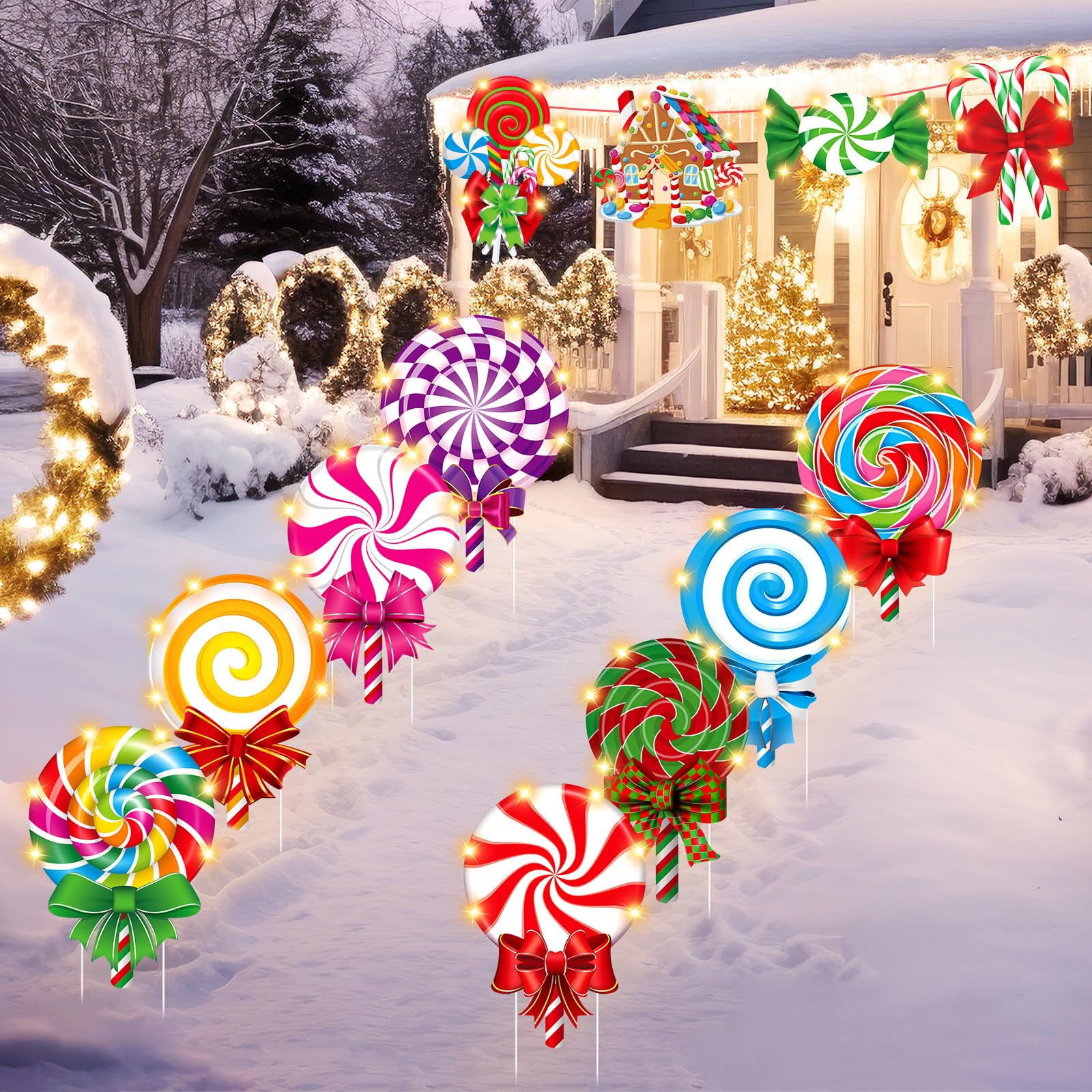 Blosssound Lot de 12 panneaux lumineux de Noël avec piquets et lumières LED - Sucettes de Noël à la menthe poivrée - Décoration d'extérieur pour Noël, vacances, extérieur, pelouse, jardin, allée