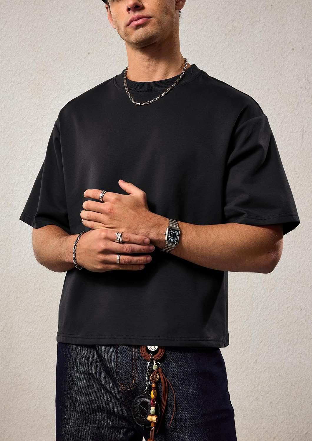 Men's Cropped T-Shirt Boxy Cotton Midweight Stretch Oversized Basic Tee (S-XXL)