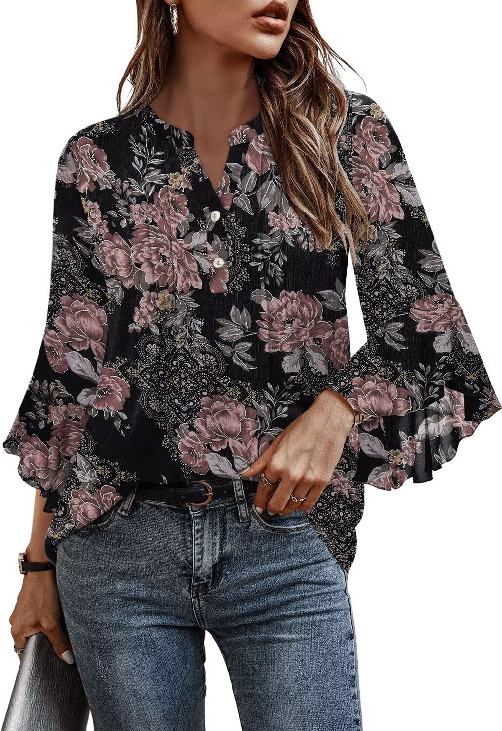 Angerella Womens 3/4 Sleeve Dressy Casual Top Trendy Shirts V Neck Business Work Chiffon Blouses