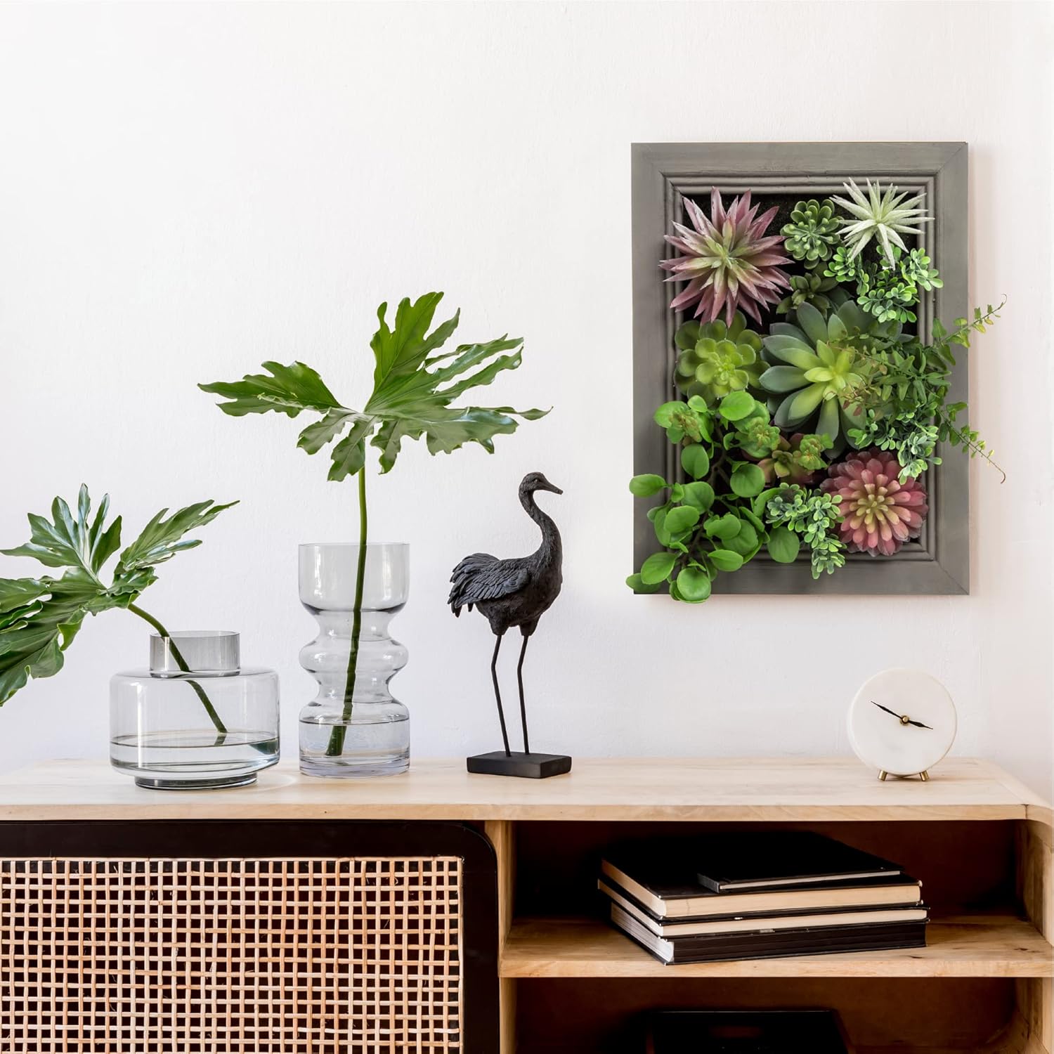 Hanging Wall Artificial Plants 3D Artificial Succulent Plants Wall Hanging Plants with Rectangle Wooden Frames Faux Plants Greenery for Indoor Wall Decor