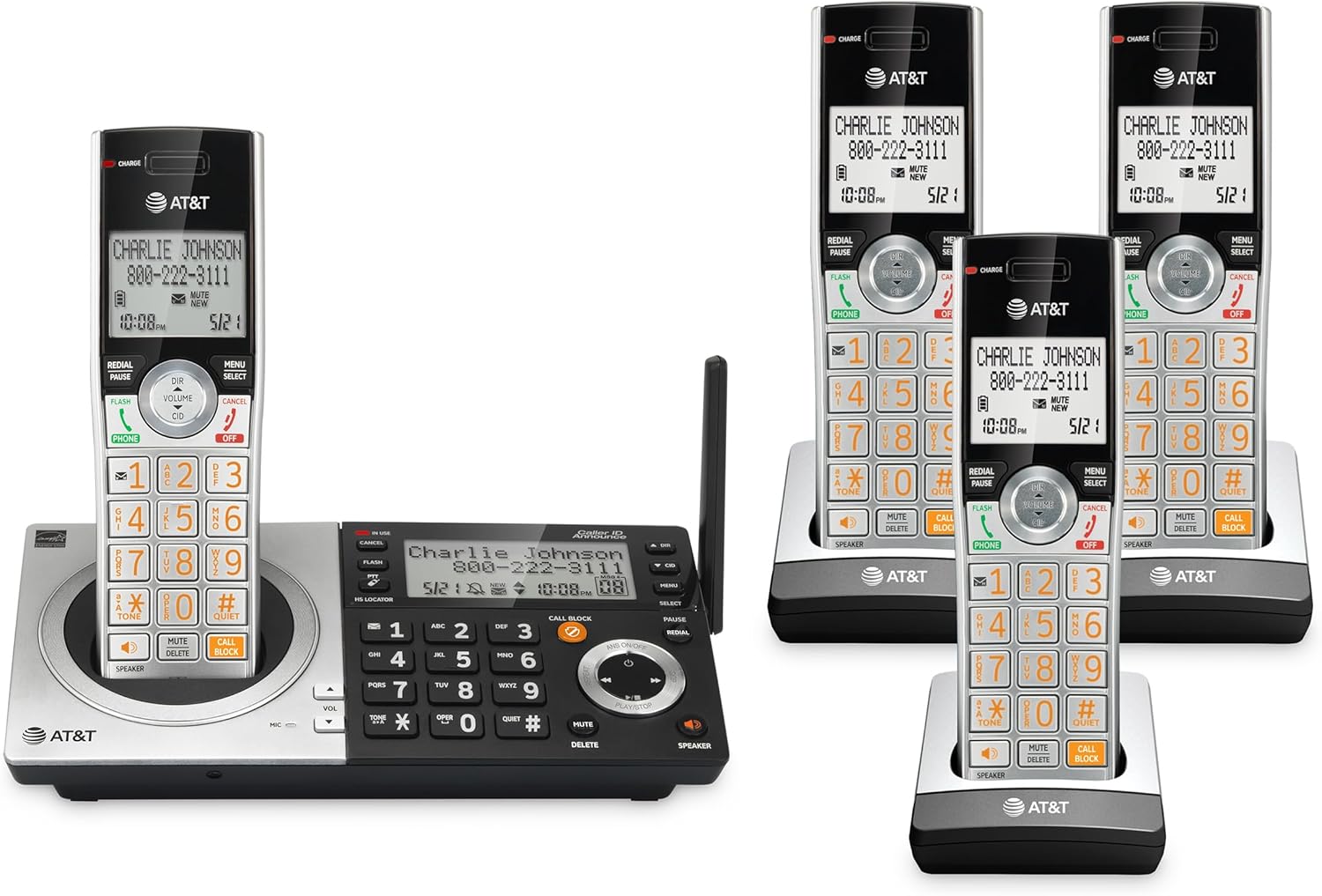 AT&T CL83407 DECT 6.0 4-Handset Cordless Phone for Home with Dual Keypad Base, Answering Machine, Call Blocking, Caller ID Announcer, Intercom and Long Range, Silver/Black