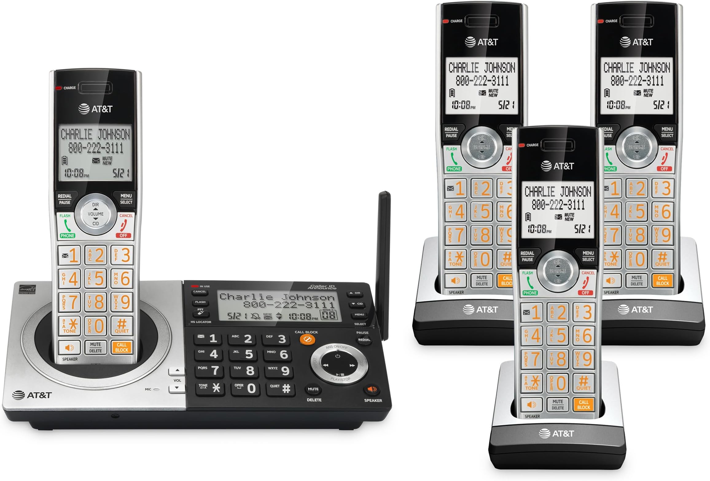 AT&T CL83407 DECT 6.0 4-Handset Cordless Phone for Home with Dual Keypad Base, Answering Machine, Call Blocking, Caller ID Announcer, Intercom and Long Range, Silver/Black