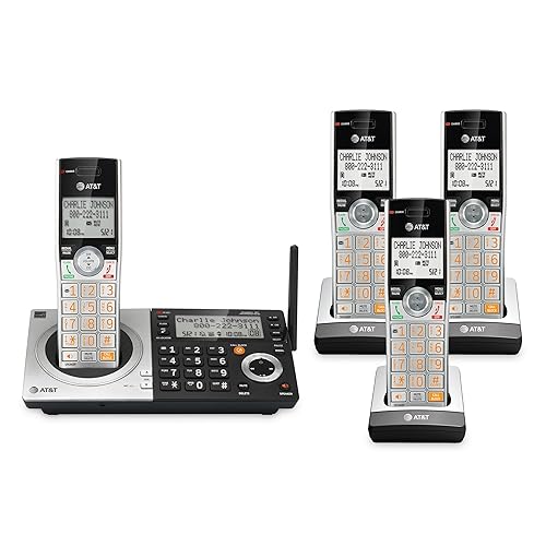 AT&T CL83407 DECT 6.0 - Teléfono inalámbrico de 4 auriculares para el hogar con base de teclado dual, contestador, bloqueo de llamadas,