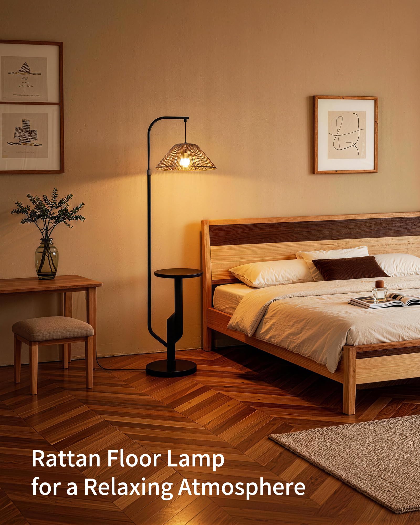 Stehlampe Wohnzimmer Rattan mit Ablage – Boho Stehleuchte E27 mit gewebtem Lampenschirm, 3 Farbtemperaturen einstellbar per Fußschalter, 175cm hoch für Schlafzimmer WOVI FL15