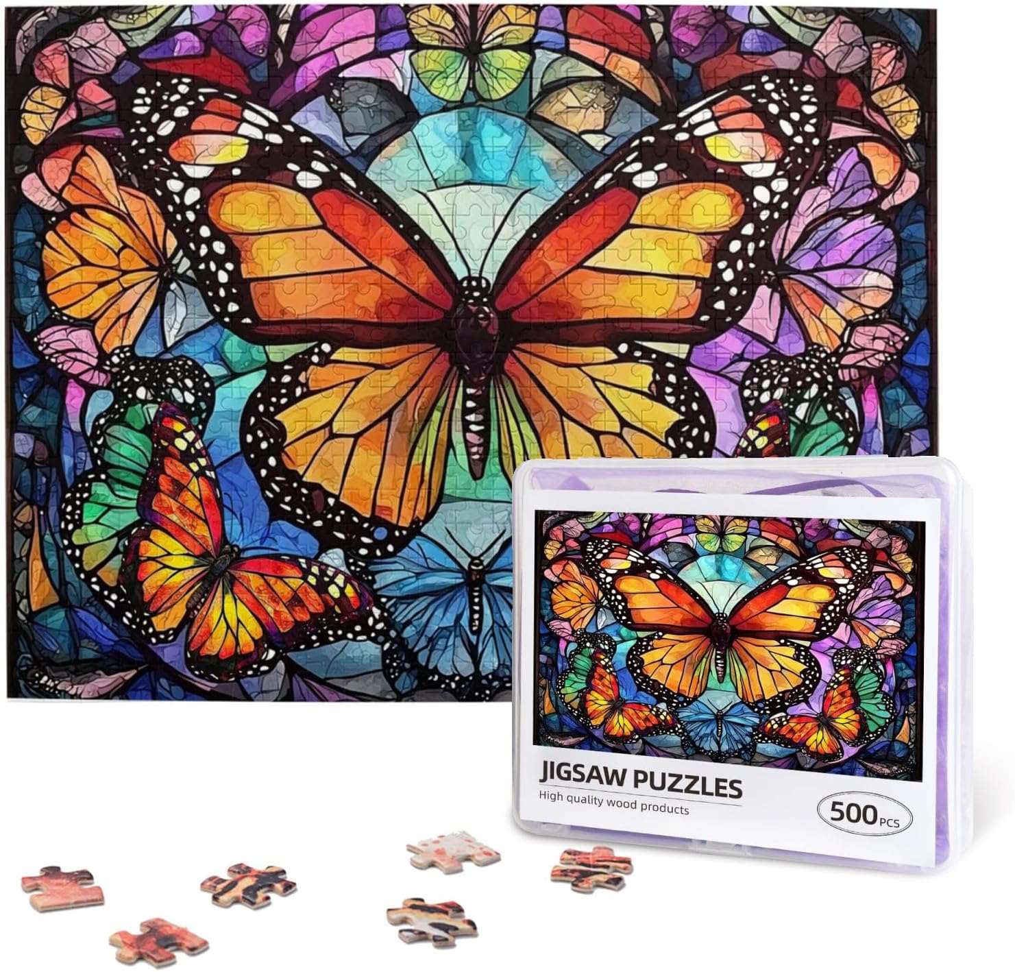 Butterfly Stained Glass Puzzles for Adults 500 Pieces Colorful Butterfly Mosaic Jigsaw Puzzles for Family Activities Fun Games Colorful Poster Wall Decor
