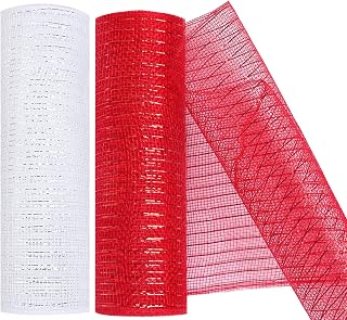 2 Pack Deco Mesh 10 Inch x 30 Feet Decor Mesh Ribbon with Metallic Foil Deco Mesh Wreath Supplies Ribbon Mesh Roll for Spring Wreaths Craft Party, Not Wired (White Red)