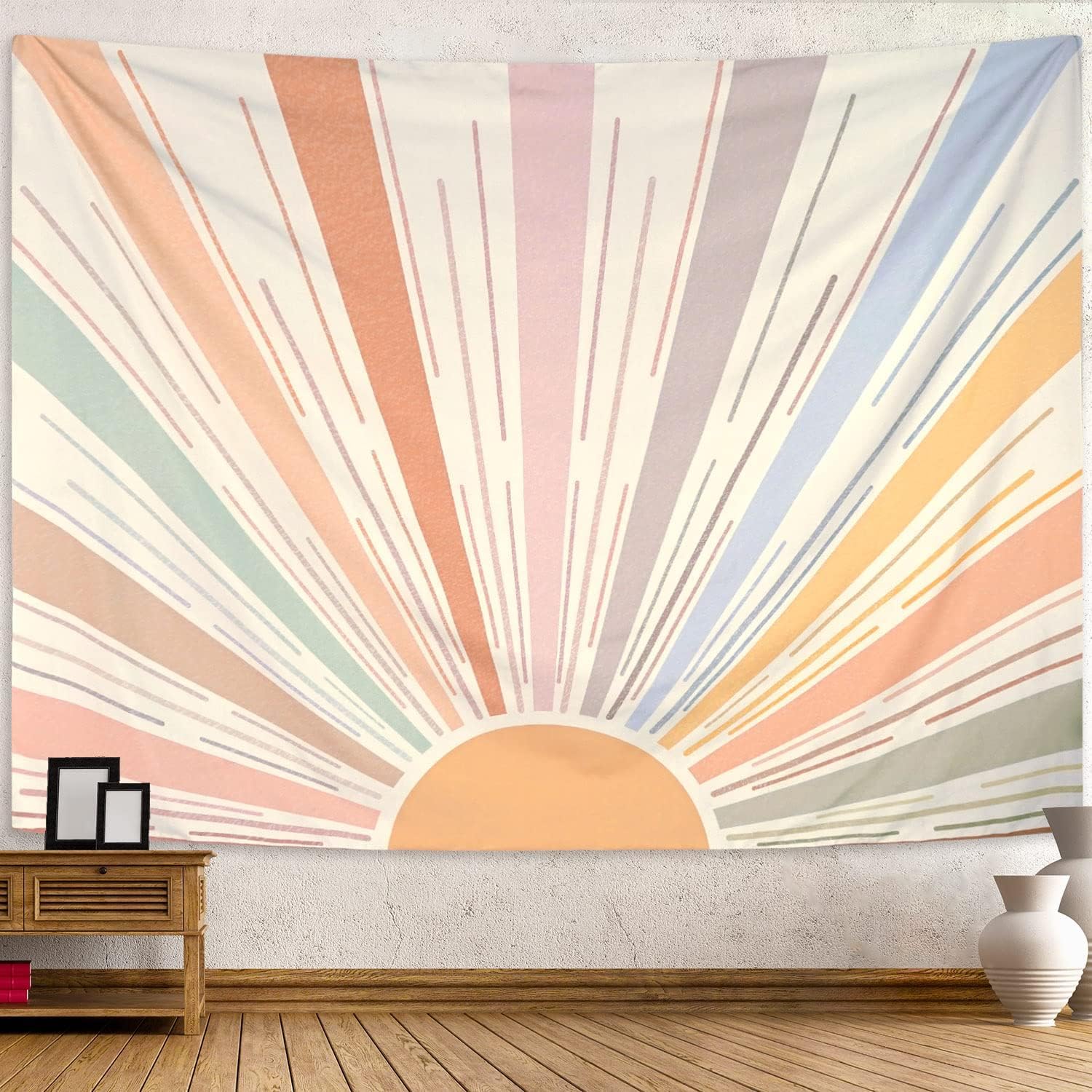 Kanuyee Boho Sun Tapestry Wall Hanging, Retro 70s Abstract Striped Aesthetic Sunrise Vintage Tapestries for Bedroom Living Room 68×90 inch