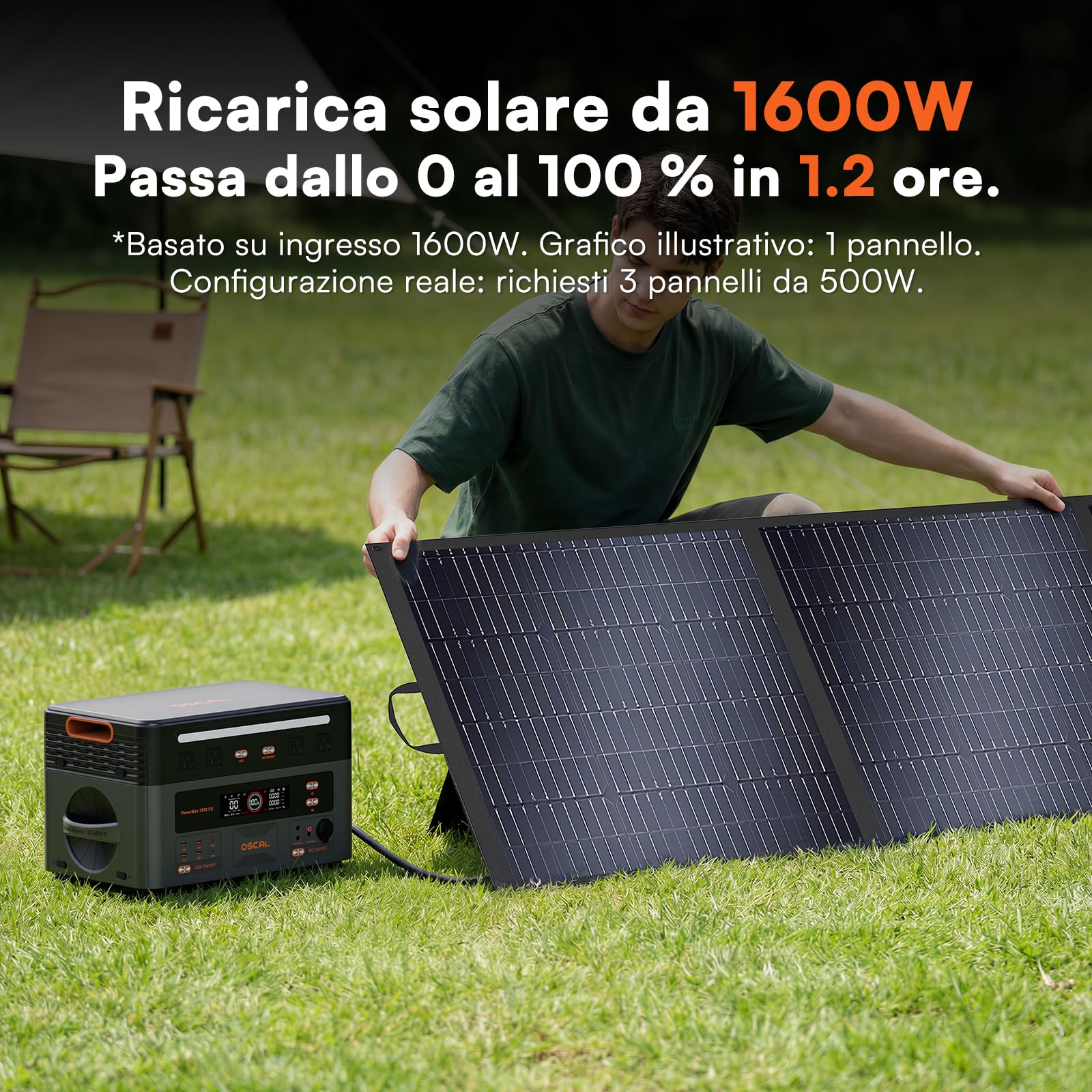 OSCAL 3600W Centrale Elettrica Portatile PowerMax 3600PE con 1 Pannello 200W, 2016Wh Generatore Solare con Batteria LiFePO4, Ricarica 0-80% in 45 min, APP, UPS, Power Station per Campeggio/Camper/Casa