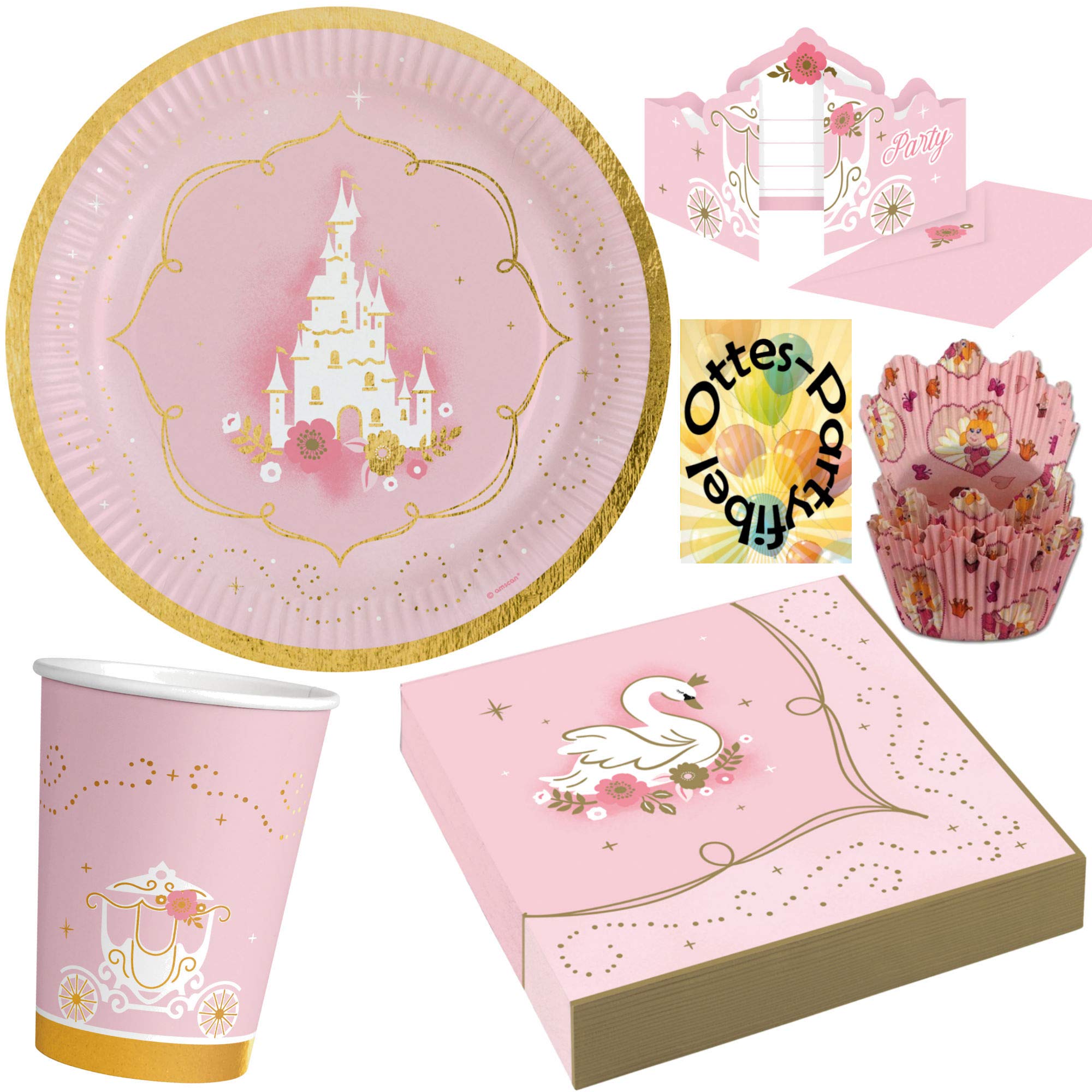 HHO Prinzessin-Party-Set Princess-Party-Set 112tlg. für 16 Gäste Teller Becher Servietten Einladungen Muffinförmchen