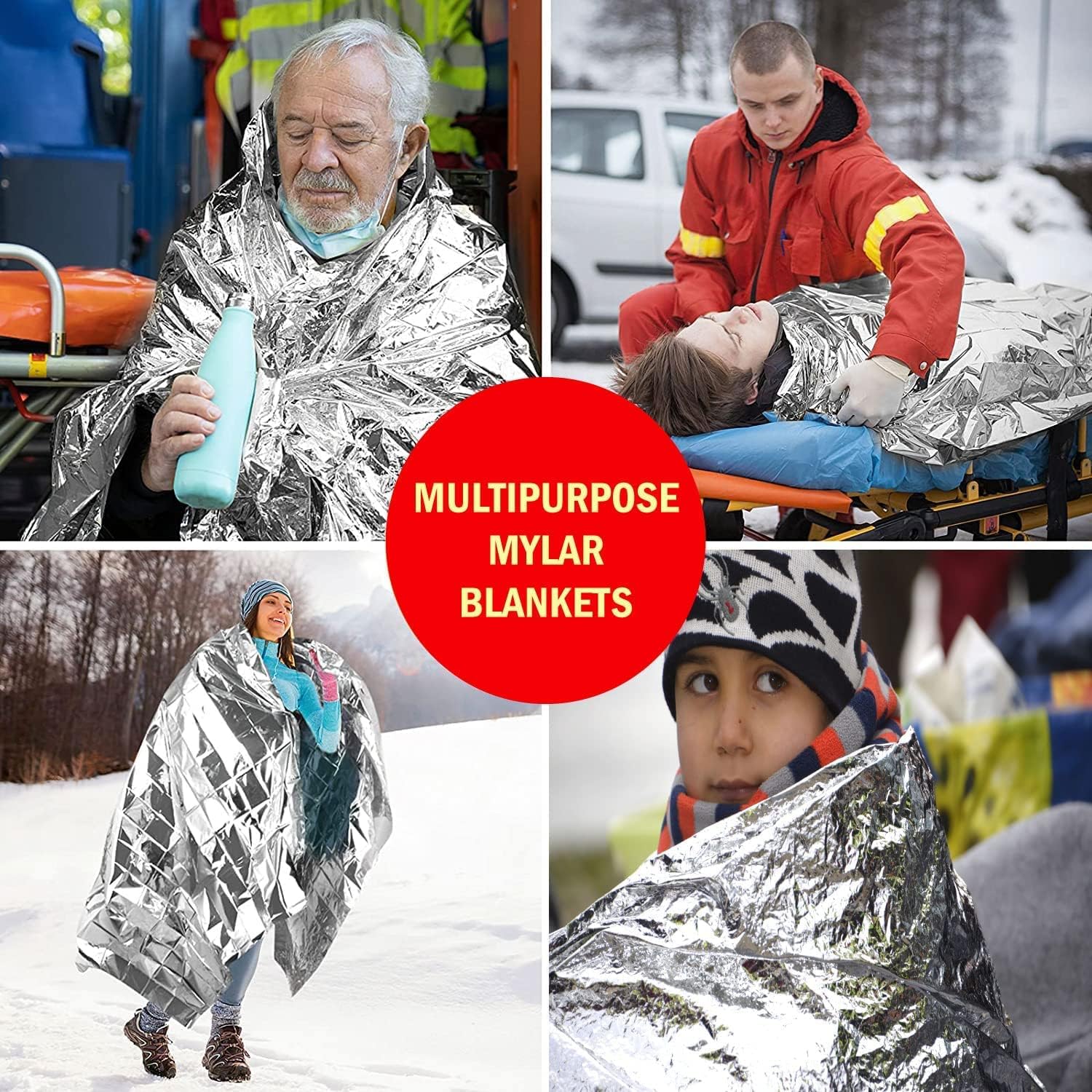 100 Mylar Emergency Survival Blankets Bulk | Emergency Blanket Bulk Mylar Survival Thermal Blankets 100 Pack Silver Foil Reflective Blankets for Cold Outdoors Camping Hiking First Responders, Runners
