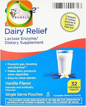 Lactase Enzyme Chewable Tablets for Lactose Intolerance Vanilla Flavor 32 Count Digestive Support Supplement + Create Sticker