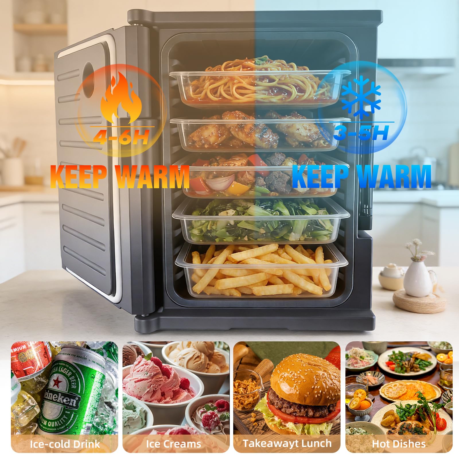 Contenitore termico per alimenti da 95 QT, scatola termica non elettrica per feste a buffet, contiene sei padelle da 6,3 cm, ritenzione del calore per 6 ore, caricamento frontale e impilabile