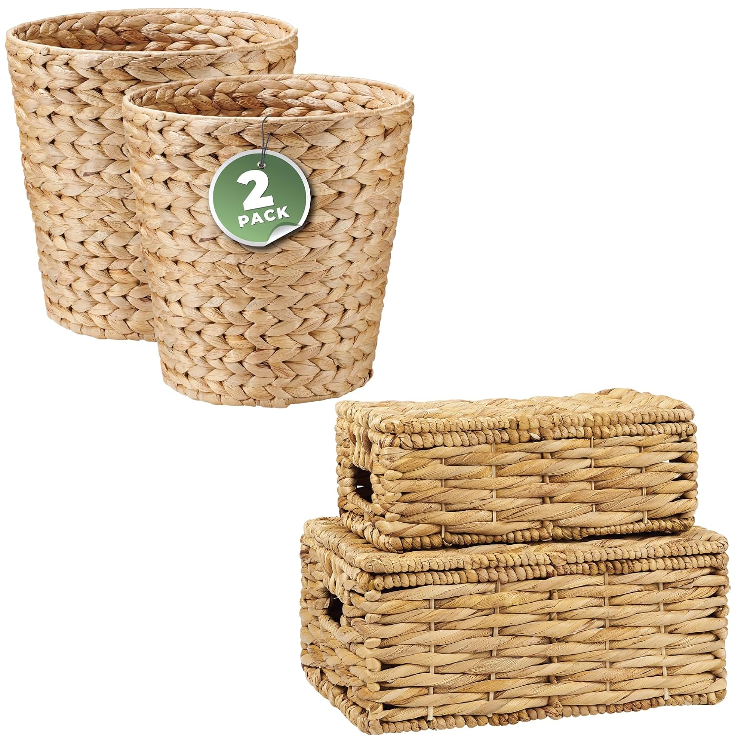 84ECO 2-Pack Wicker Trash Cans and Set of 2 Wicker Baskets with Lid