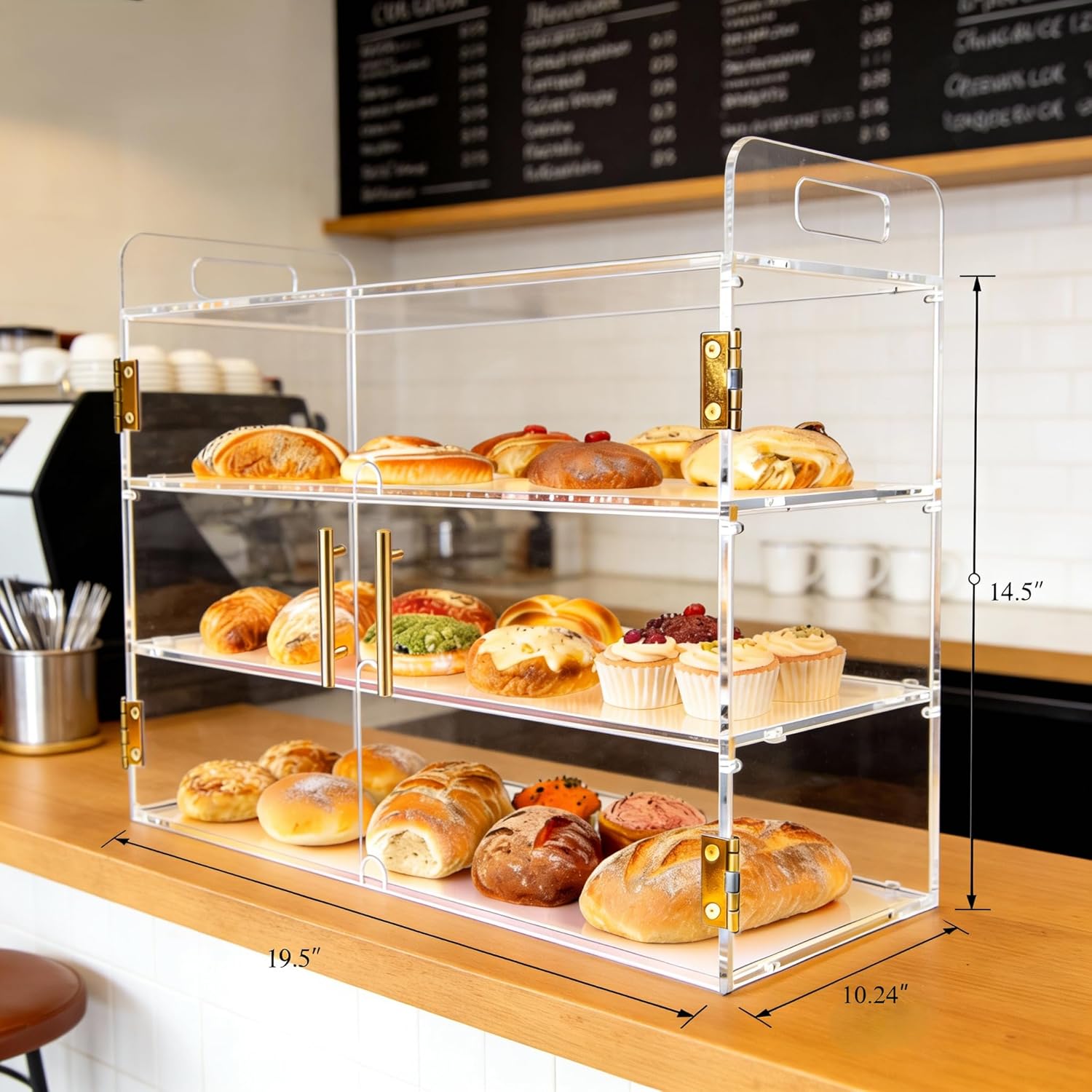 3-Tier Acrylic Countertop Bakery Display Case with Auto-Close Spring Door & Handle, 19.5"x10.2"x16.9" Clear Food Pastry Display Case for Bread, Dessert, Cookies, Donuts, Bakery, Coffee Shop
