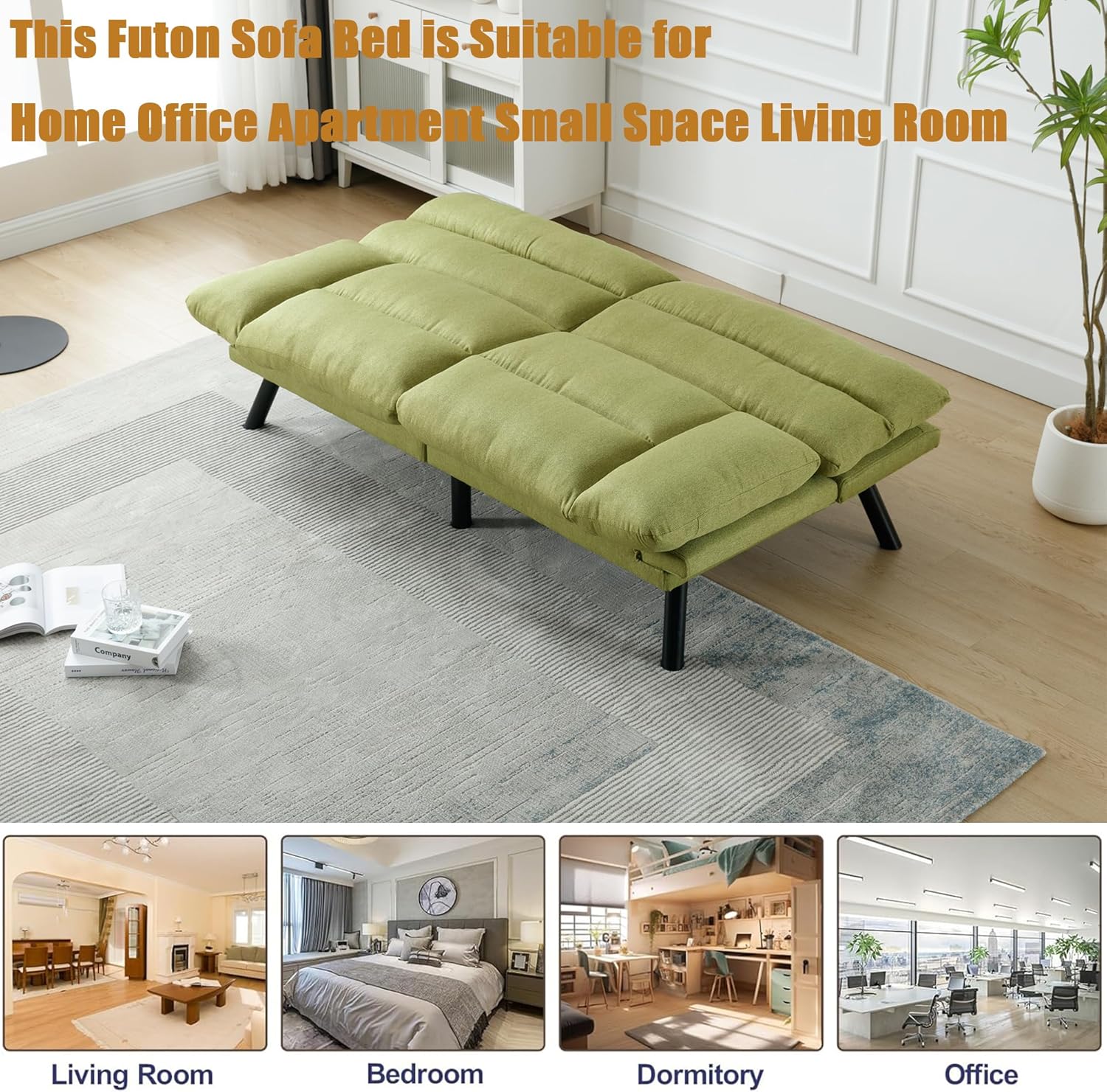 70" Futon Sofa Bed, Modern Convertible Loveseat Double Sofa&Couch with Adjustable Backrest and Armrests,Folding Sleeper Recliner with Metal Legs for Living Room Bedroom Apartment (Green Linen)