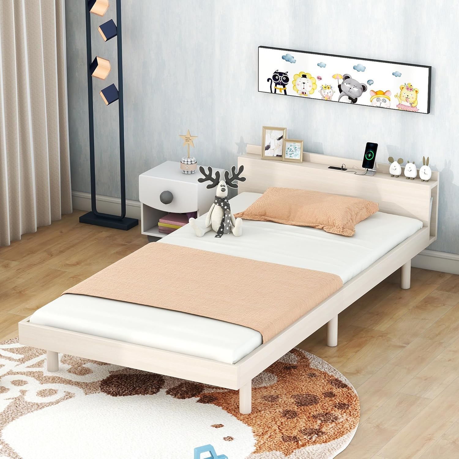 Wood Platform Bed Frame Twin Size Platform Bed with Built-in USB Ports Modern Design Bed Frame for Kids Teens and Adults Espresso (White Washed)
