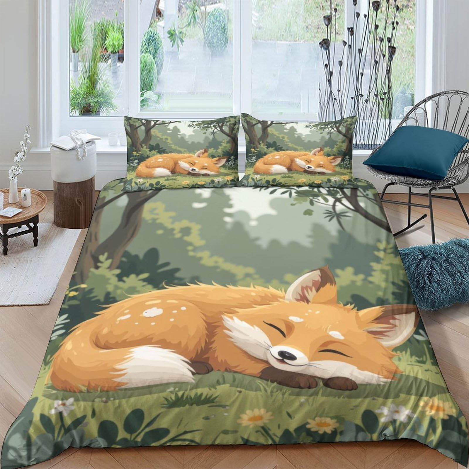 Ctjqhvkz Style-4 3D Printed Sleeping Fox Fitted Sheet Microfiber Soft Non-Slip Forest Bed Cover For Bedroom Guest Room Mattress Decor Single（135X200cm）