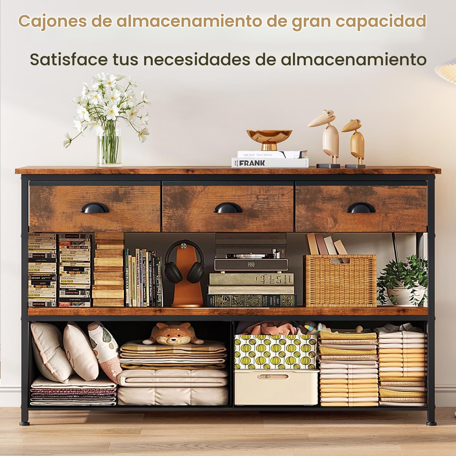 Consola Recibidor con 3 Cajones de Estilo Industrial | 120 × 29 × 77 cm, Marrón Vintage, Ideal para Recibidores, Pasillos, Salones, Cocinas o Junto al Sofá