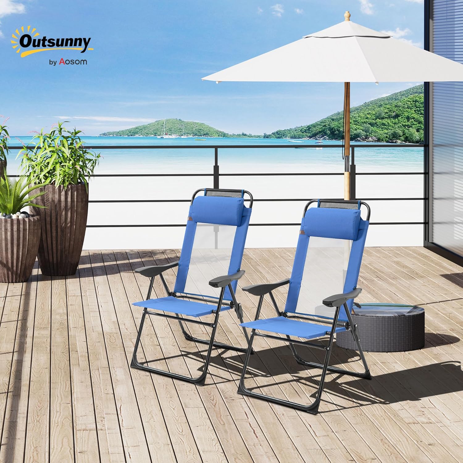 Outsunny Folding Patio Dining Chairs Set of 2, Outdoor Deck Chair with Removable Headrest, Camping Chair with Adjustable Sling Back for Garden, Backyard, Lawn, Blue