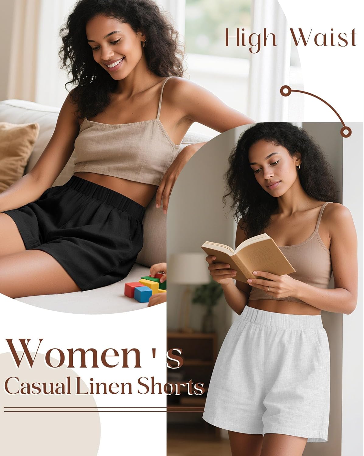 Ficerd 3 Pack Women's Casual Linen Shorts,Pleated High Waist Wide Leg Summer Elastic Comfy Trendy Shorts with Pockets - Image 3