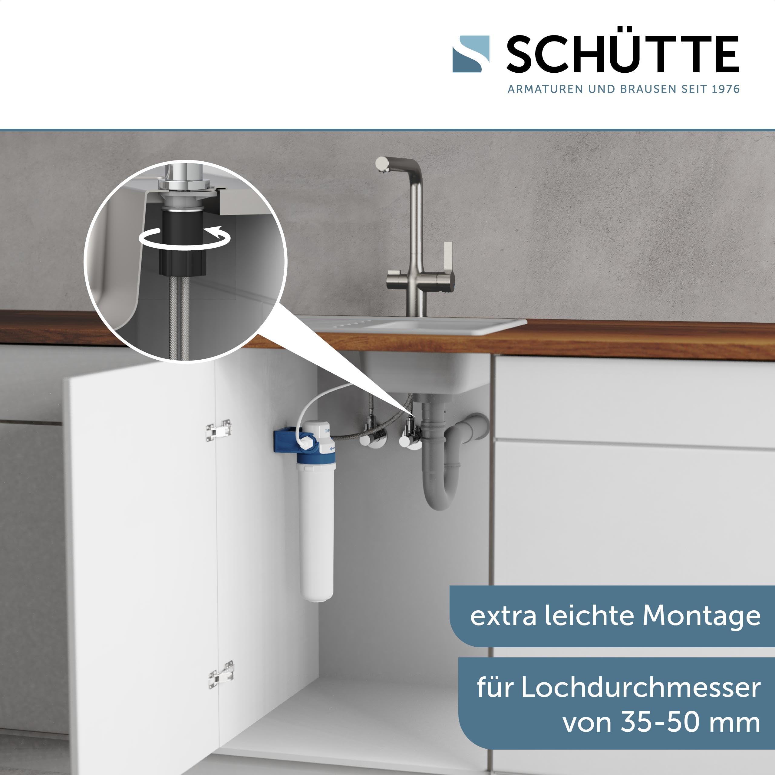 SCHÜTTE Aquastar Pro 99805 - Grifo para fregadero de agua potable con sistema de filtro, 3 vías, grifo de cocina con filtro de agua contra residuos de cal y metales pesados, aspecto de acero