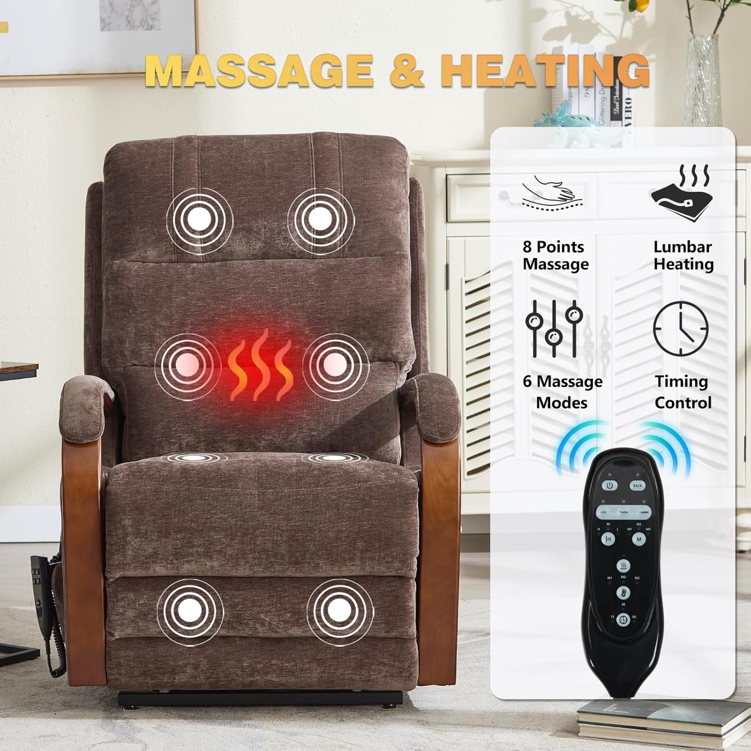 Trustyue Dual Motor Power Lift Recliner Chair, Lift Chair with Massage and Heat for Elderly, Lay Flat Recliner, Standing Assistance, Infinite Position Reclining, Living Room Chair, Chenille, Brown