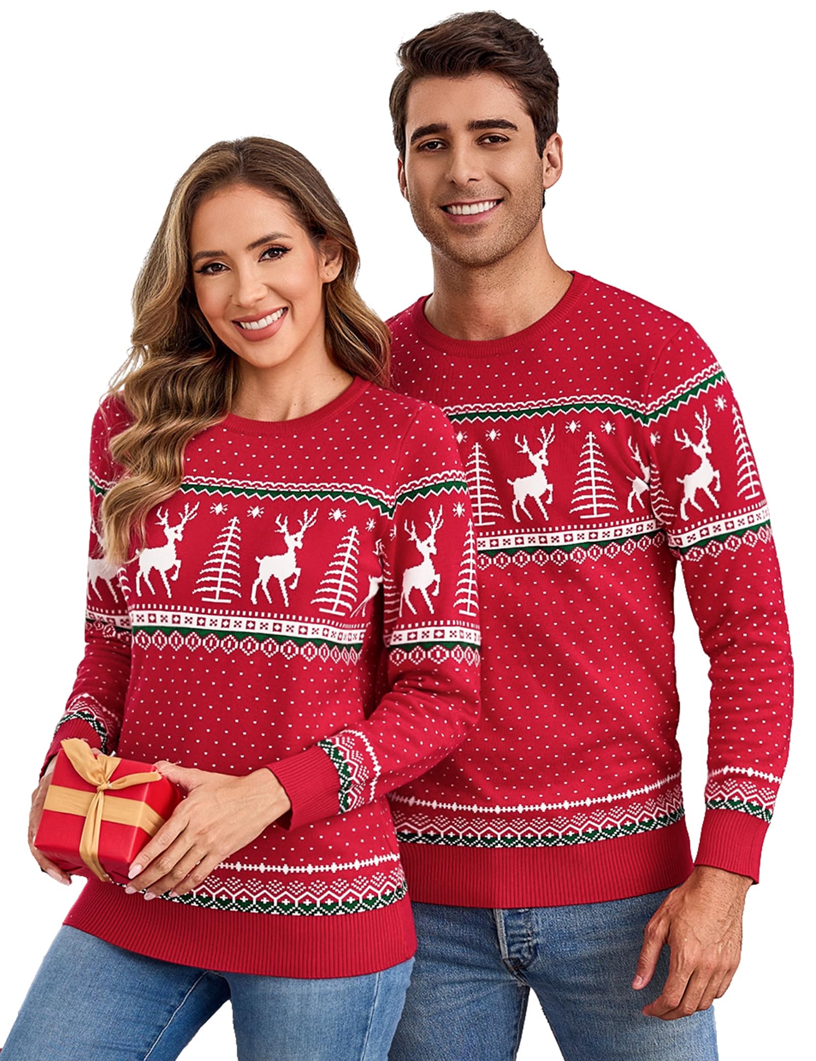 Aottori Weihnachten Pullover Damen Weihnachtspullover Familie Set Rentiermuster Christmas Reindeer Strickpullover Unisex Christmas Sweater Damen-Rot L