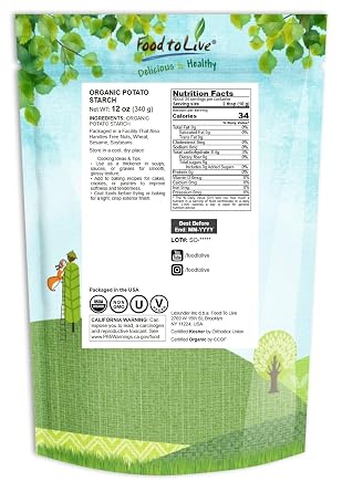 Food to Live Organic Potato Starch, 12 Ounces - Unmodified Powder, Non-GMO, Pure Flour, Kosher, Vegan, Bulk, Great for Cooking, Baking, and Thickening Souces, Soups and Gravy