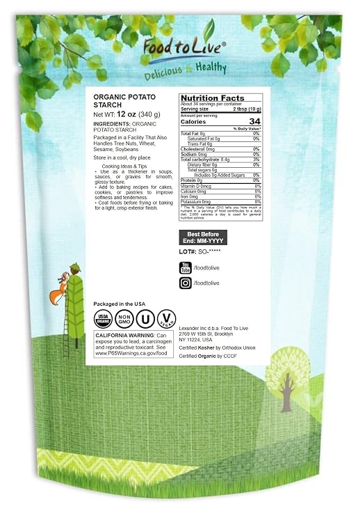 Food to Live Organic Potato Starch, 12 Ounces - Unmodified Powder, Non-GMO, Pure Flour, Kosher, Vegan, Bulk, Great for Cooking, Baking, and Thickening Souces, Soups and Gravy
