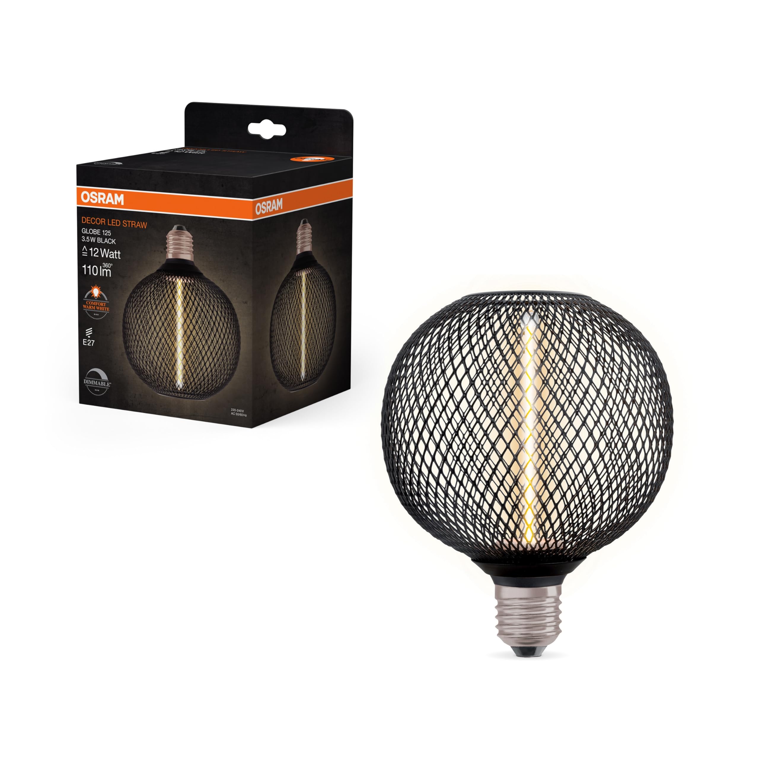 Osram Decorative LED Globe aus klarem, schwarzem bleifreiem Glas mit Strohfilament 3.5W, komfortables Warmweiß 818, 110lm/1800K, mit E27 Schraubfassung, dimmbar, 125 mm Durchmesser.