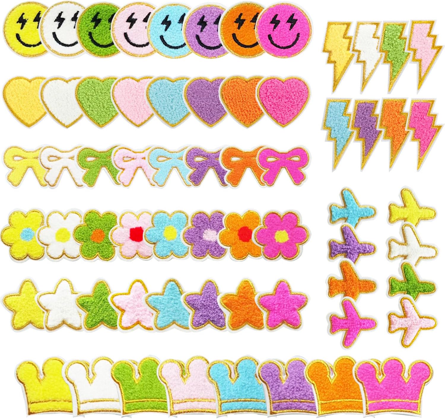 Chenille Iron-on Patches, 64 Pieces Rainbow Designs with Flowers, Faces, Hearts, Stars, 2-3 Inches