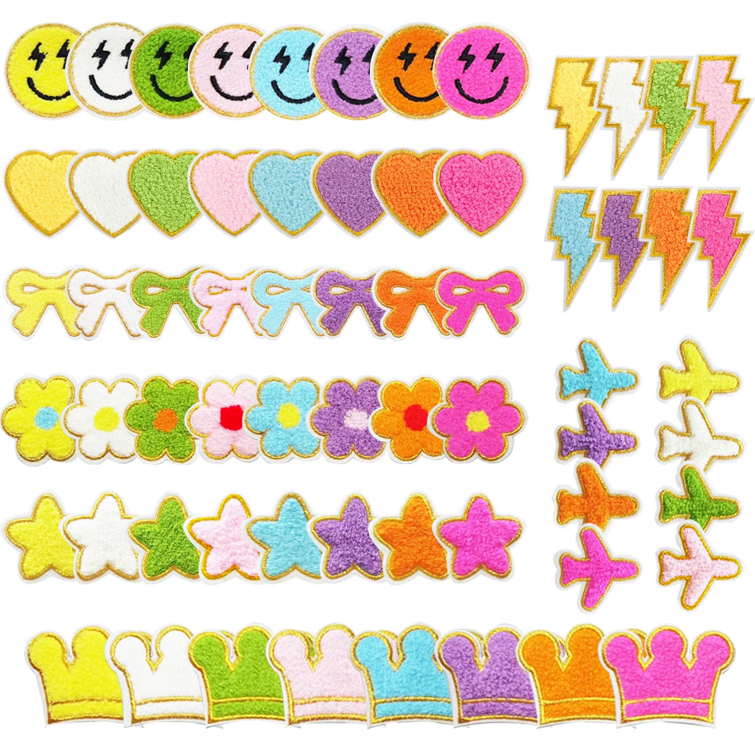 mancyz Chenille Iron-on Patches, 64 Pieces Rainbow Designs with Flowers, Faces, Hearts, Stars, 2-3 Inches — image 1