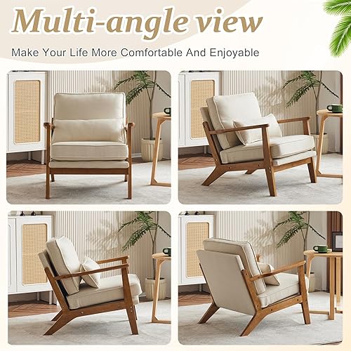 Miniatura 7 de VINGLI Silla decorativa de madera maciza con reposabrazos anchos, silla moderna tapizada de mediados de siglo con almohada, cómoda silla de lectura,