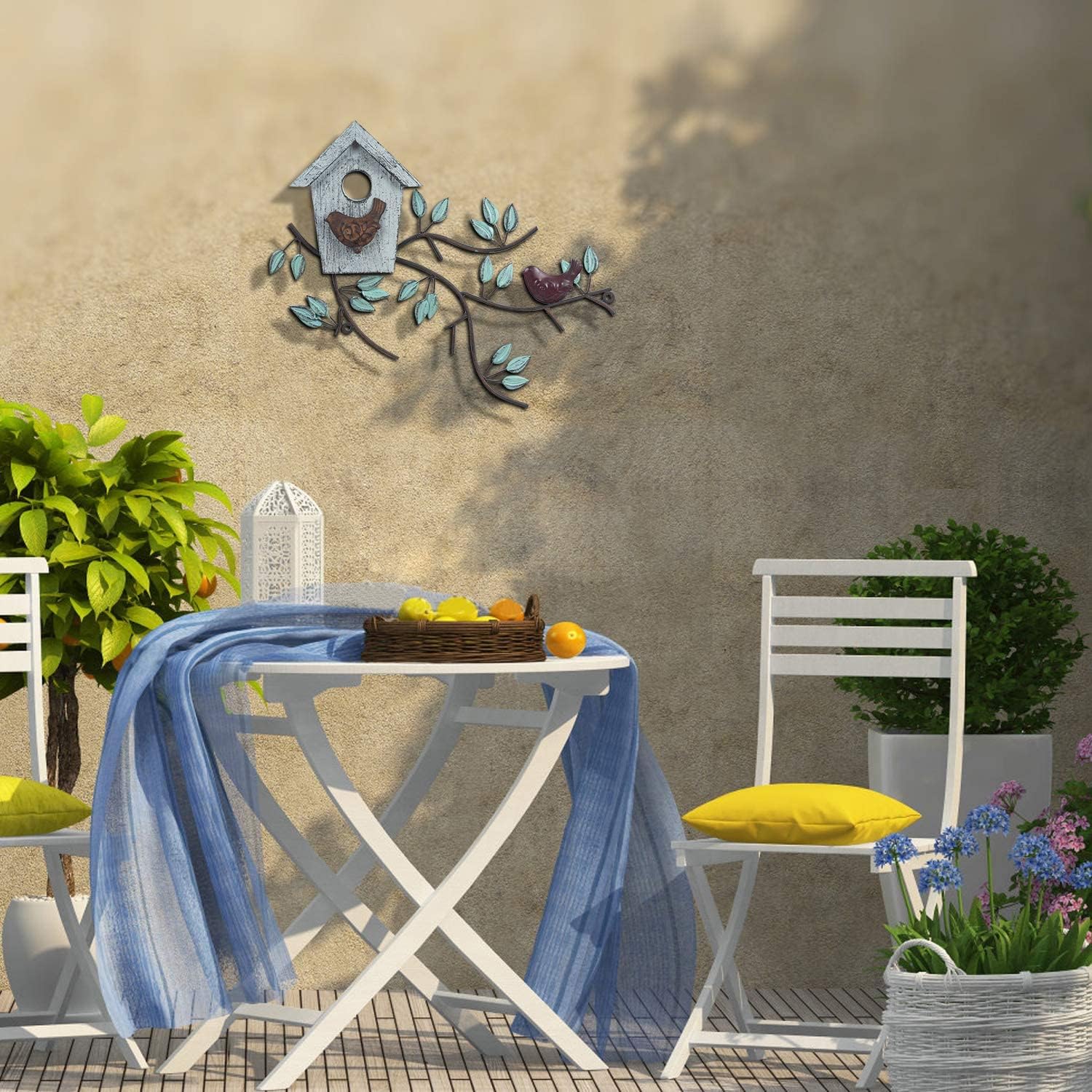 AHUONEL Metal Wall Art Decor Metal Outdoor Wall Decor Tree Leaf Metal Wall Art Sculptures with Wood Birdhouse, Hanging Decorations for Indoor Outdoor Garden Yard Fence Park Home Accent (Grey)