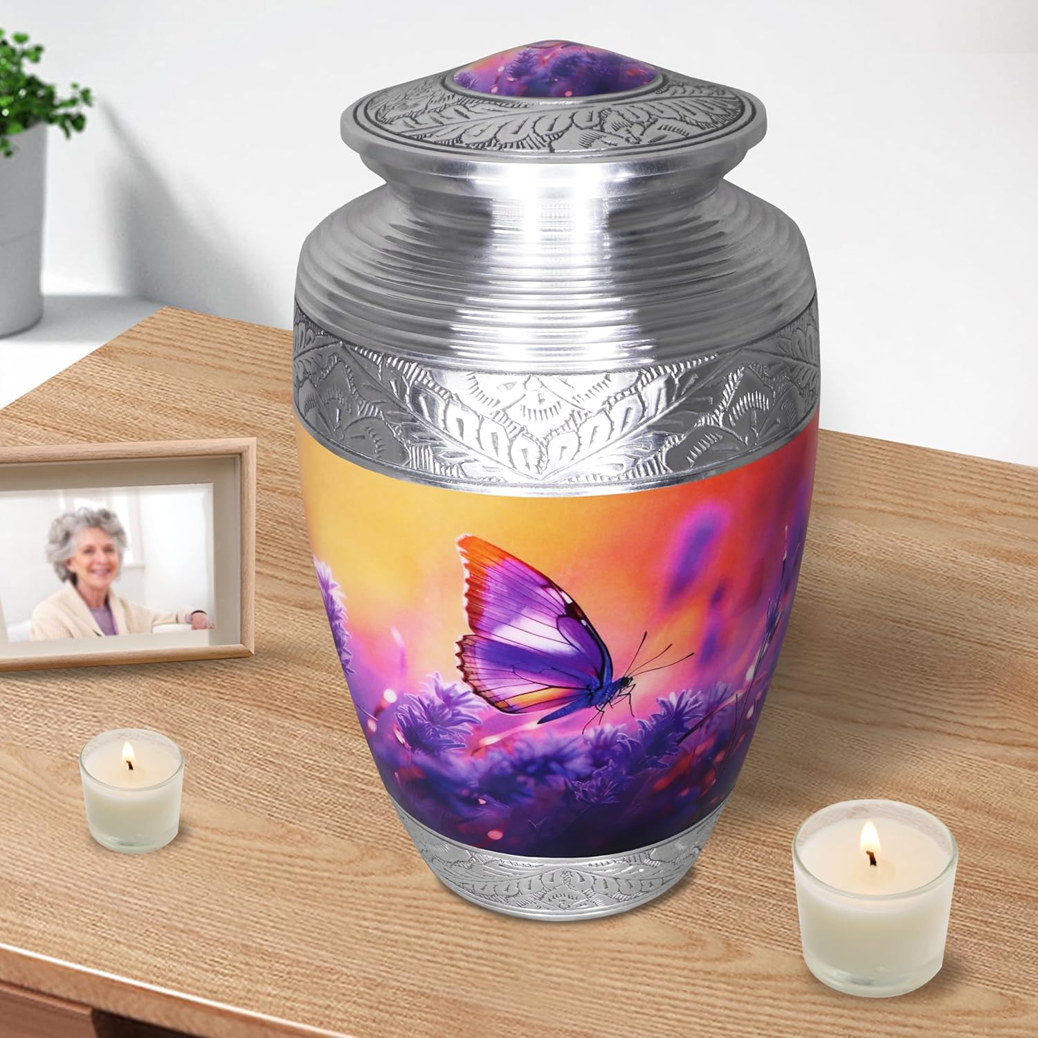 M MEILINXU Cremation Urns for Human Ashes Adult Female & Male, Funeral Urn for Ashes for Women & Man, Purple Butterflies Urns, Decorative Cremation Container, Burial, Lavender and Butterfly - Large - Image 5