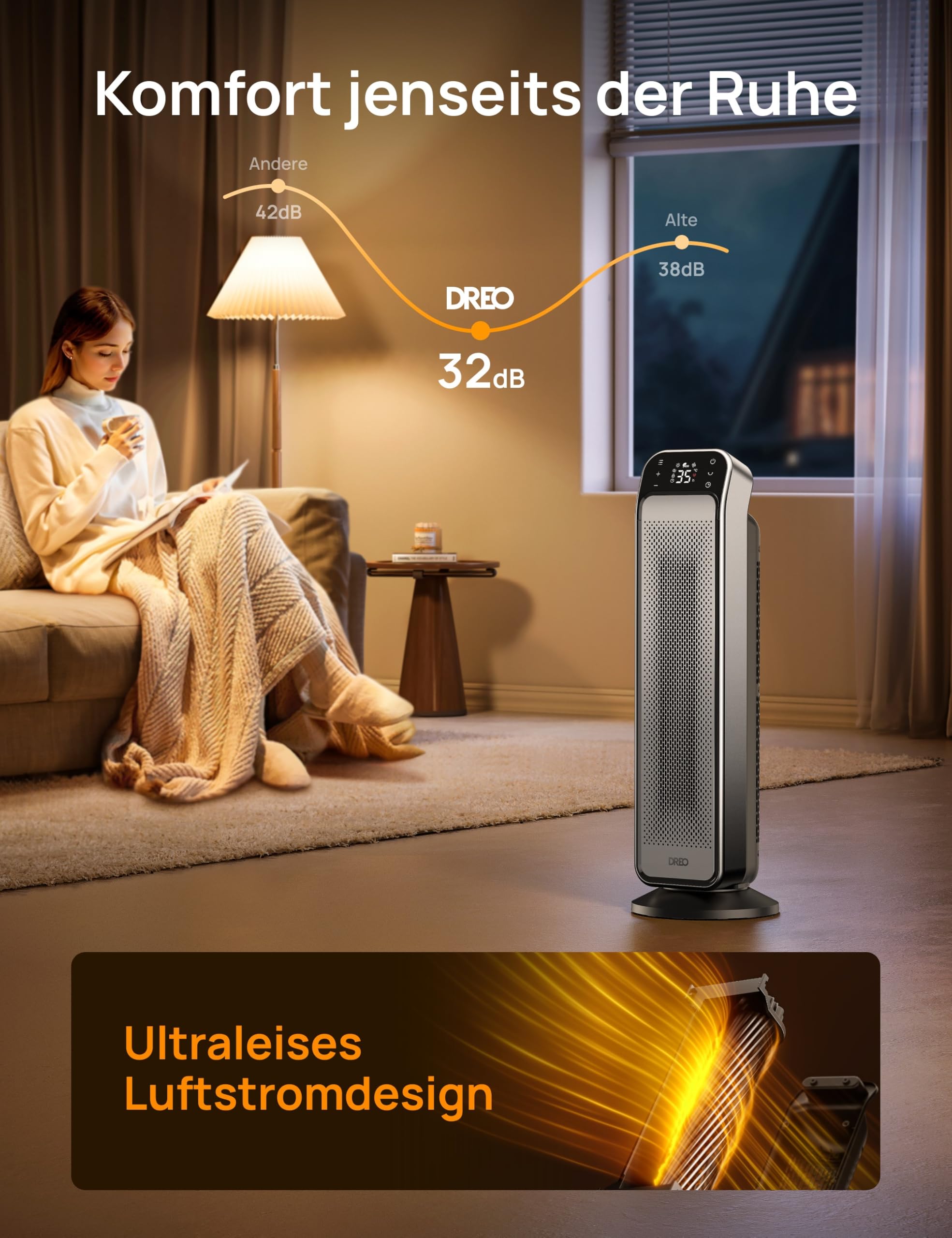 Dreo Solaris Max Heizlüfter 2000W Keramik Heizung Elektrisch mit Fernbedienung Thermostat 25 Zoll 3 Modus 12-Std-Timer