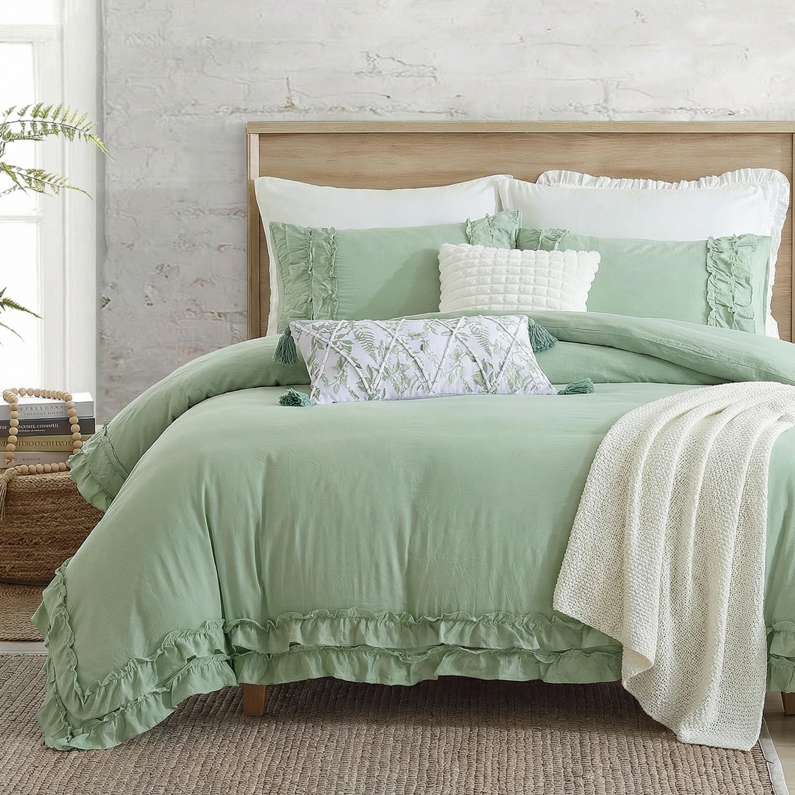 Bedorm Sage Green Ruffled Duvet Cover Queen Size Bedding Set Pleated Lace Ruffle Shabby Chic Bedroom Decor Extra Soft Cozy Farmhouse Country Style Duvet Cover Sets
