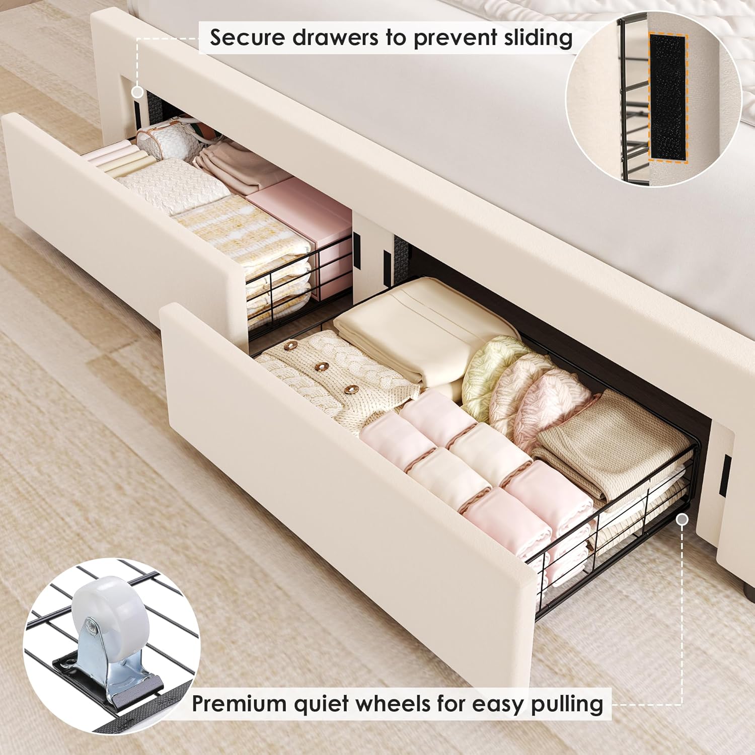 Illustration of the bed frame's storage drawers, showing fixing devices and quiet wheels for smooth operation.