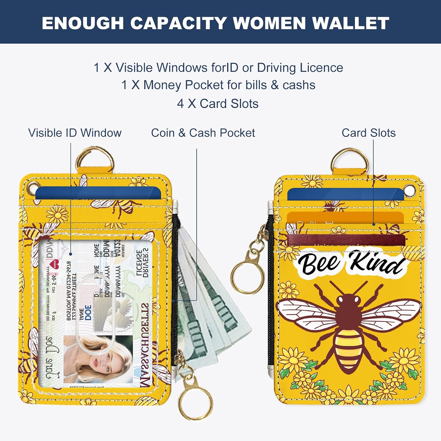 Slim Wallet Credit Card Holder, Bee, RFID Wallet Women Cute Small Front Pocket Wallet With Zipper, PU Leather Thin travel RFID Blocking Card Case ID Window,Ladies Gifts image 2
